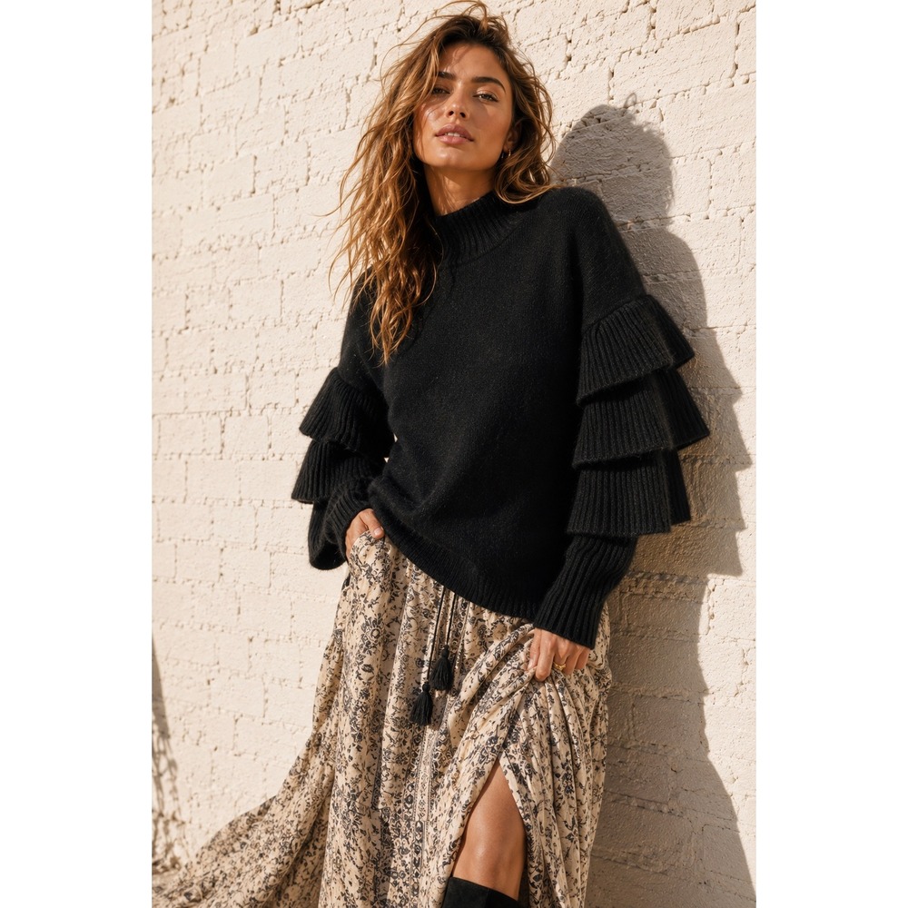 Endless Rose Black Mohair Blend Ruffle Tiered Sleeve Crewneck Sweater S
